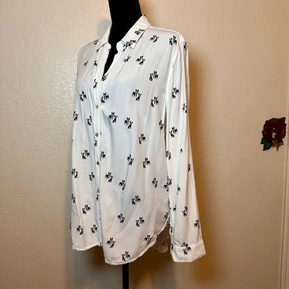Jane & Delancey Boston Terrier Dog Print Button Down Top White Black Size XL - Picture 4 of 14